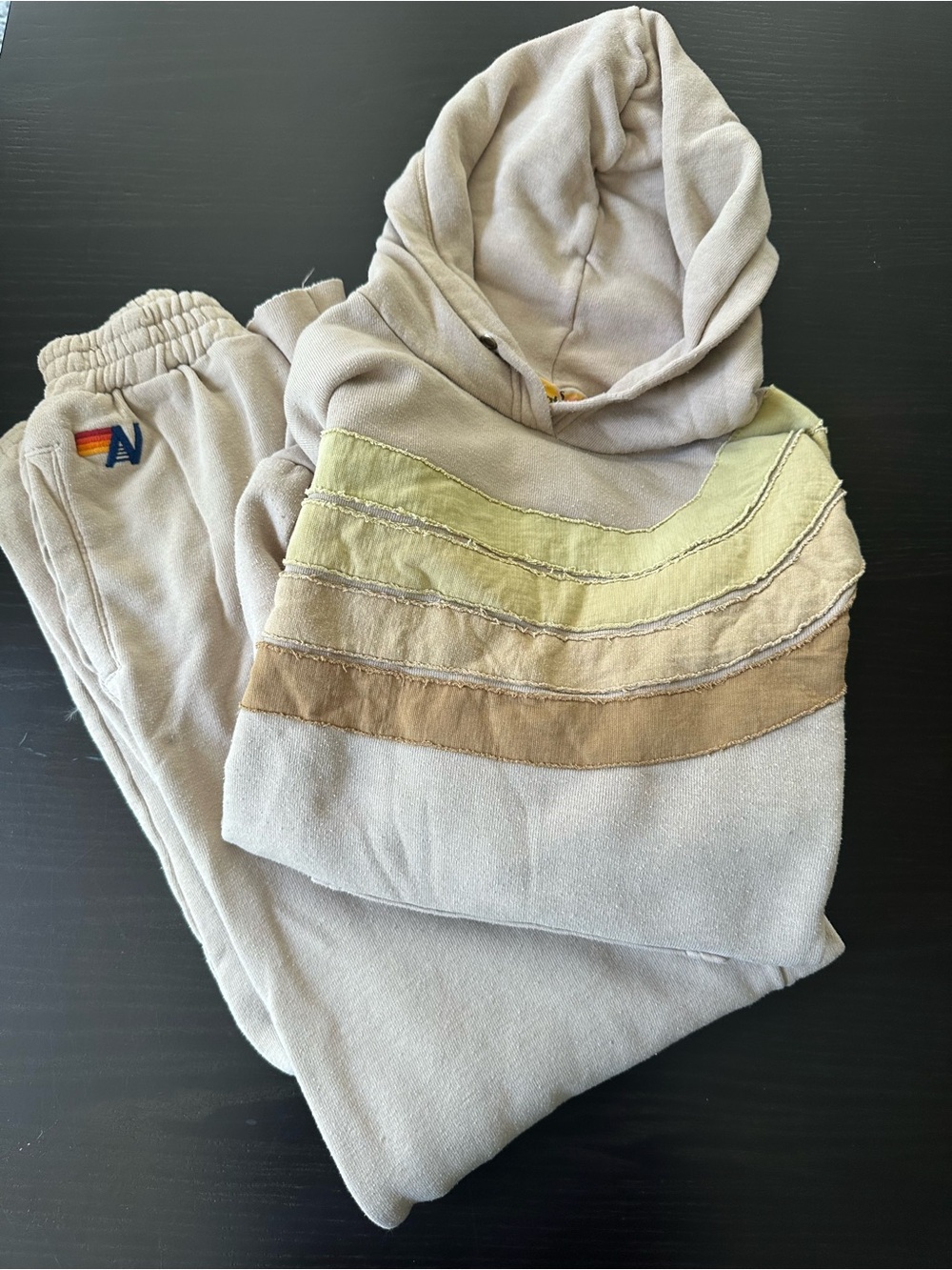 Aviator Nation Beige Hoodie & Joggers Set with Olive and Tan Stripes